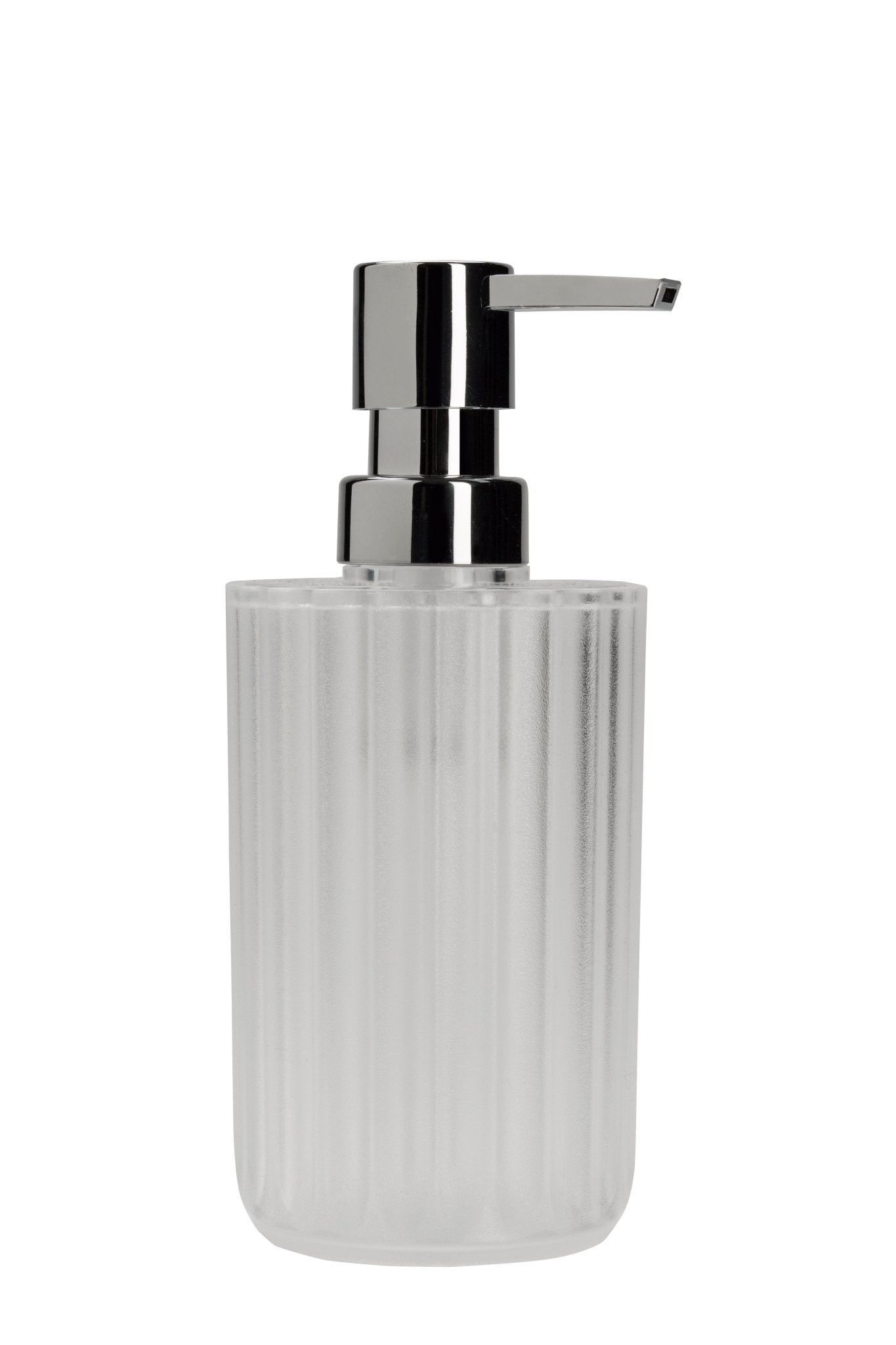 Seifenspender aus satiniertem Glas mit modernem verchromtem Pumpkopf