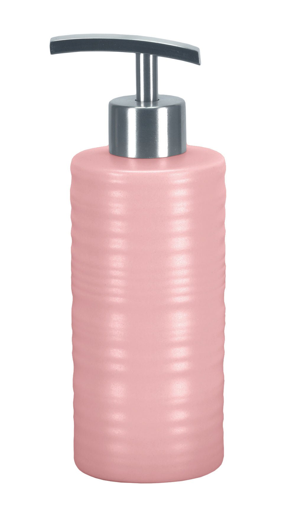 Rosa Seifenspender aus Keramik mit silbernem Pumpkopf, freigestellt