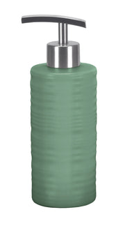 Grüner Seifenspender aus Keramik mit silberner Metallpumpe, matt