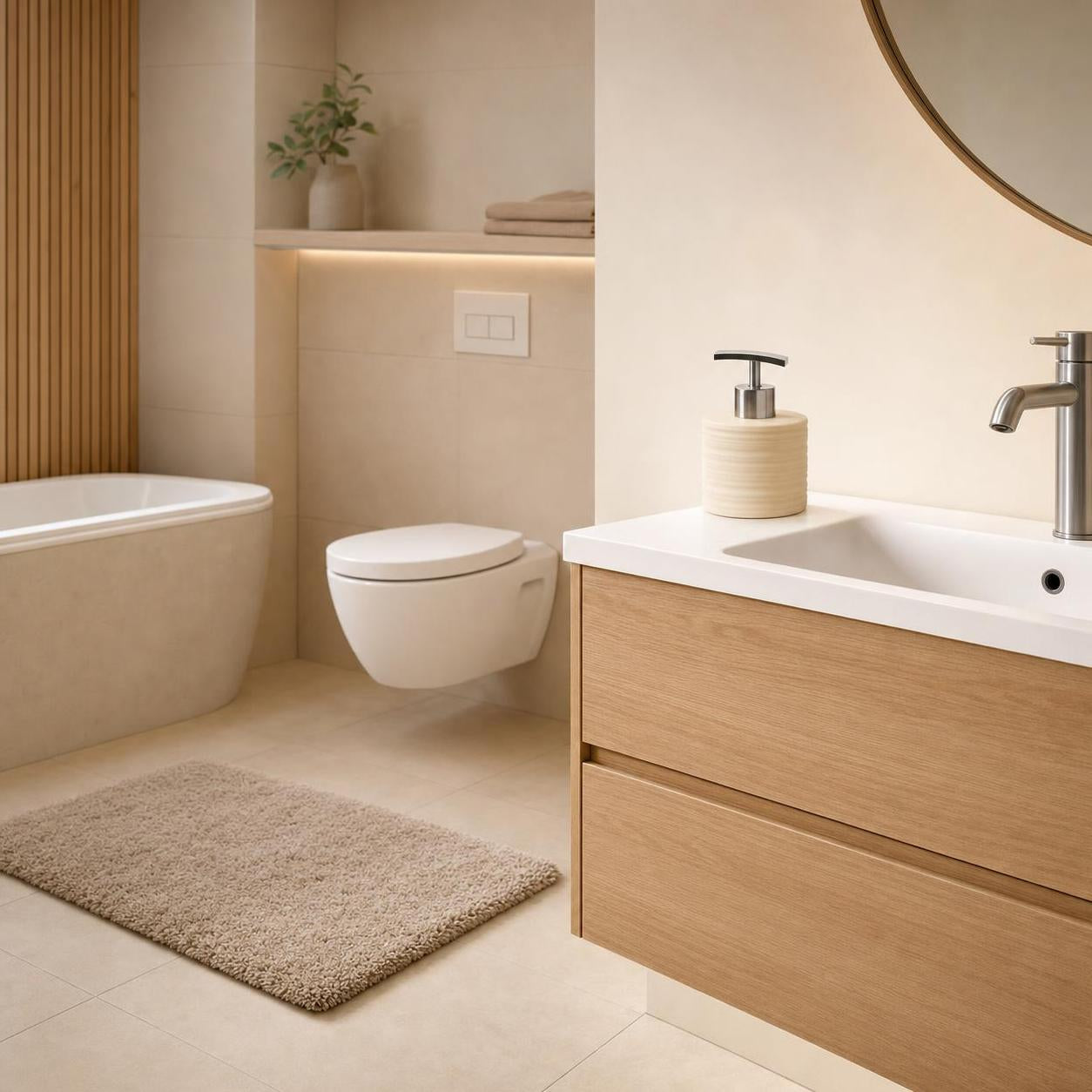 Ein beiger Badteppich liegt vor Badewanne und Waschtisch im hellen Bad.