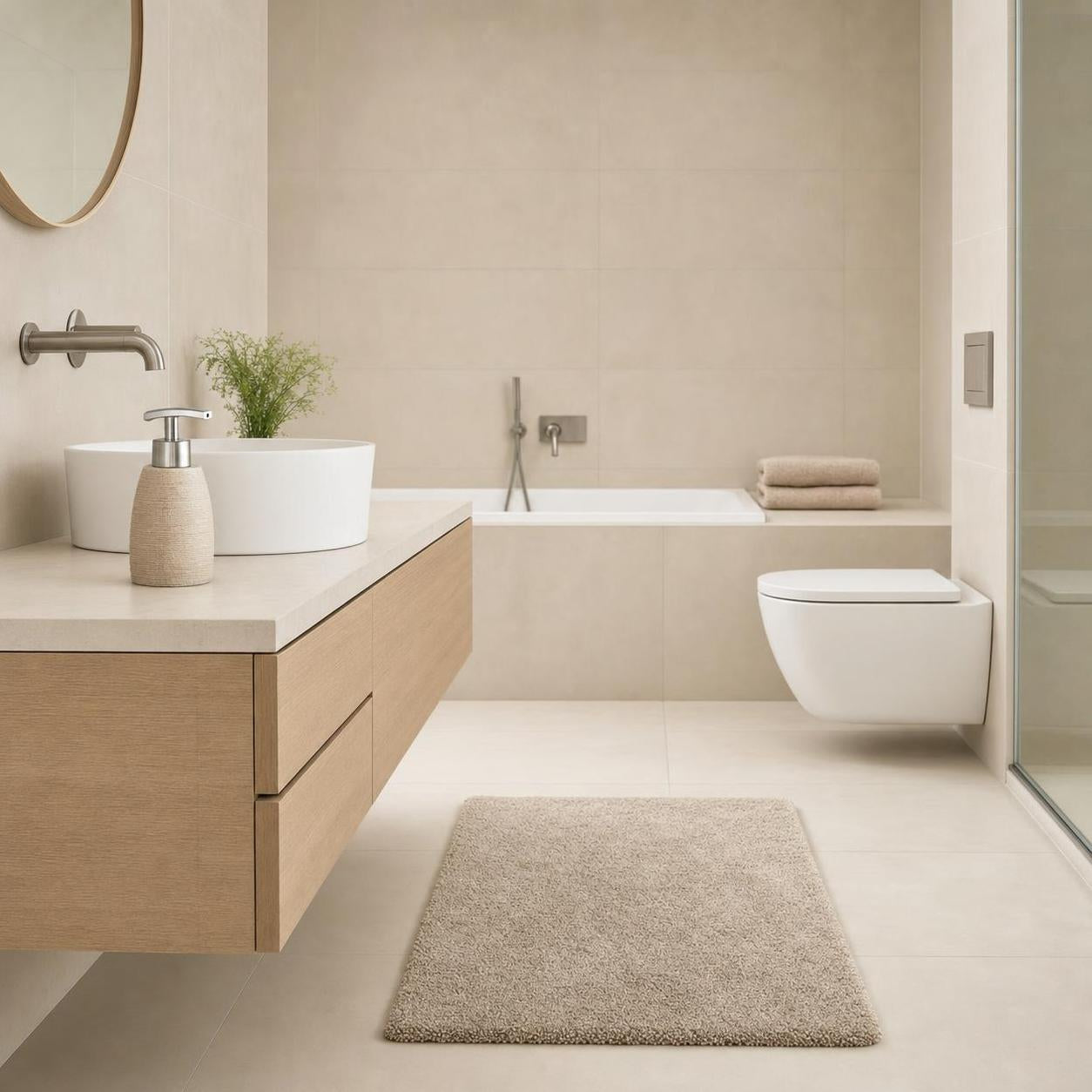 Beige Badematte liegt vor Waschtisch und WC im hellen Badezimmer.
