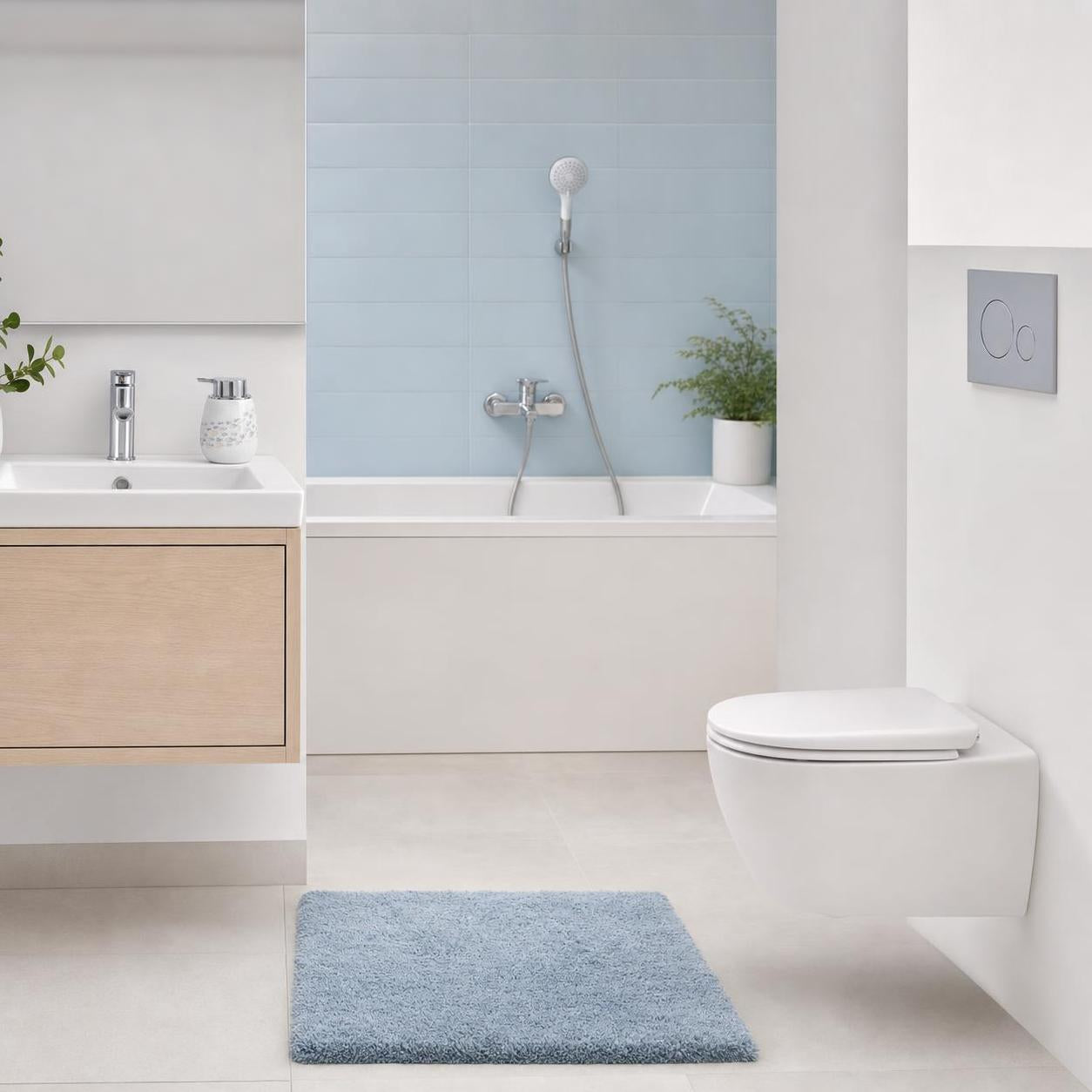 Blauer Badteppich liegt vor Badewanne und WC im hellen Badezimmer.