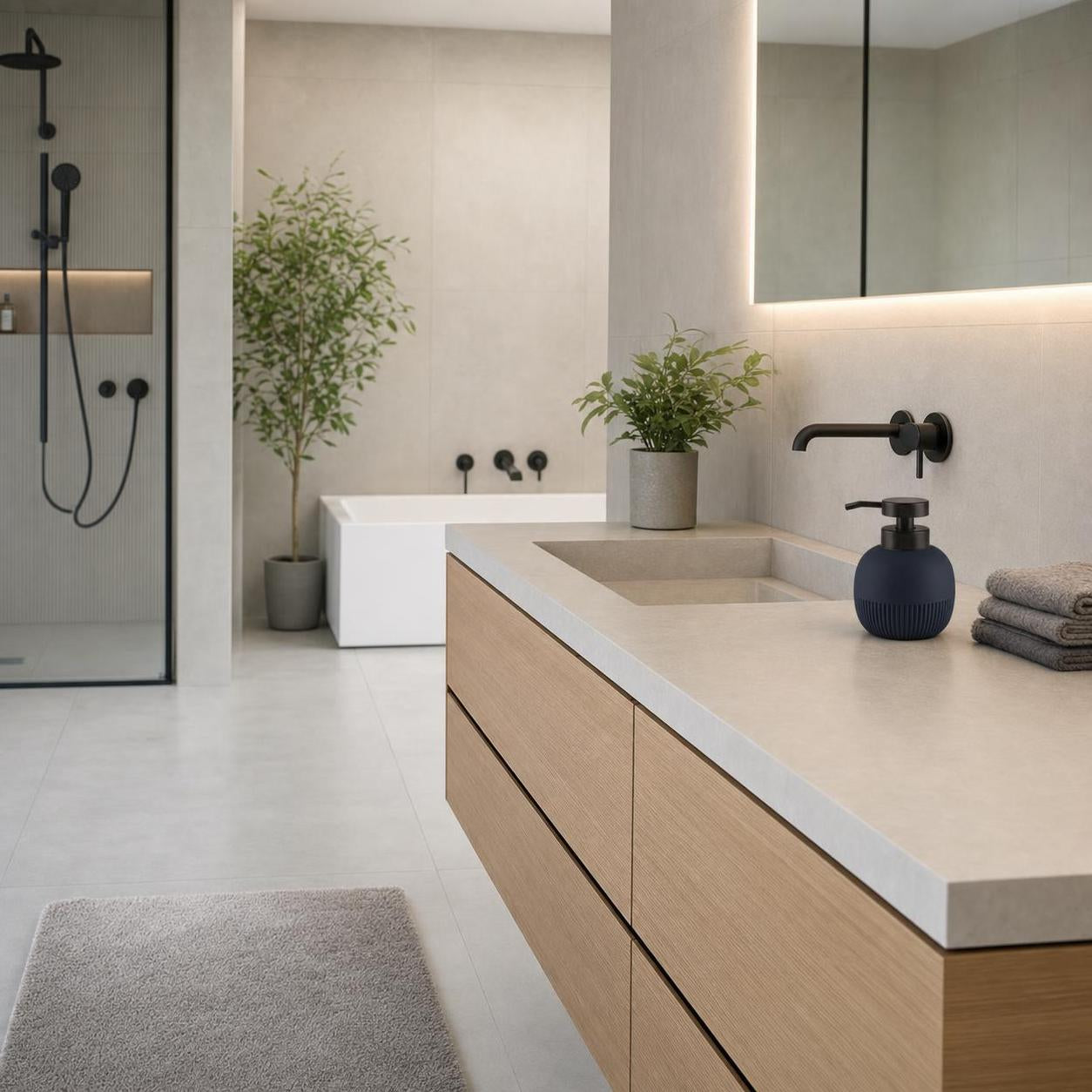 Moderner Waschtisch mit Holzunterschrank in hellem Badezimmer.