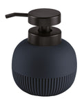 Runder, dunkelblauer Seifenspender mit schwarzem Pumpkopf