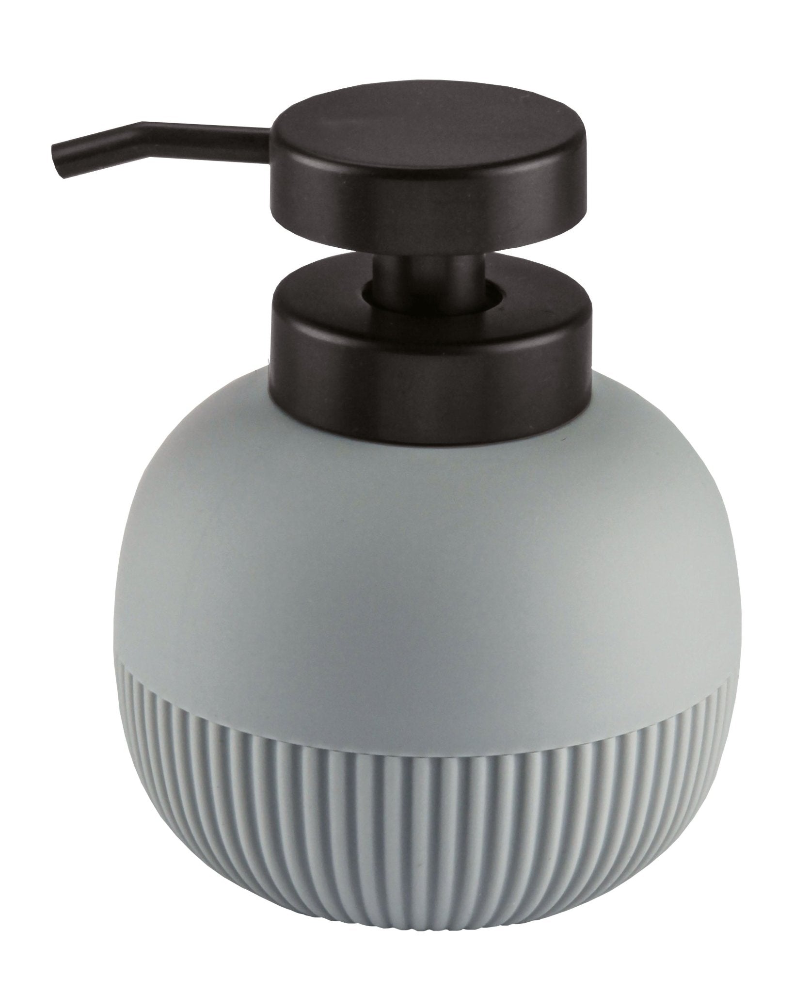 Runder grauer Seifenspender mit Rillenstruktur und schwarzem Pumpkopf