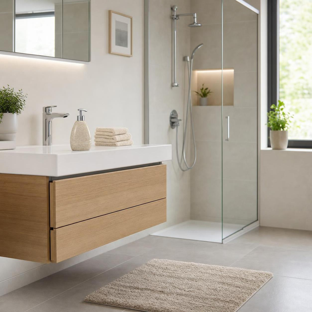 Beige Badematte liegt vor Waschtisch und Glasdusche im modernen Bad.