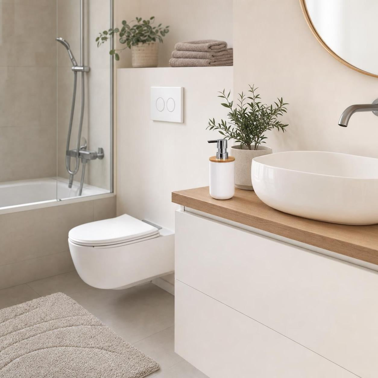 Beige Badematte liegt vor WC und Waschtisch im hellen Bad.