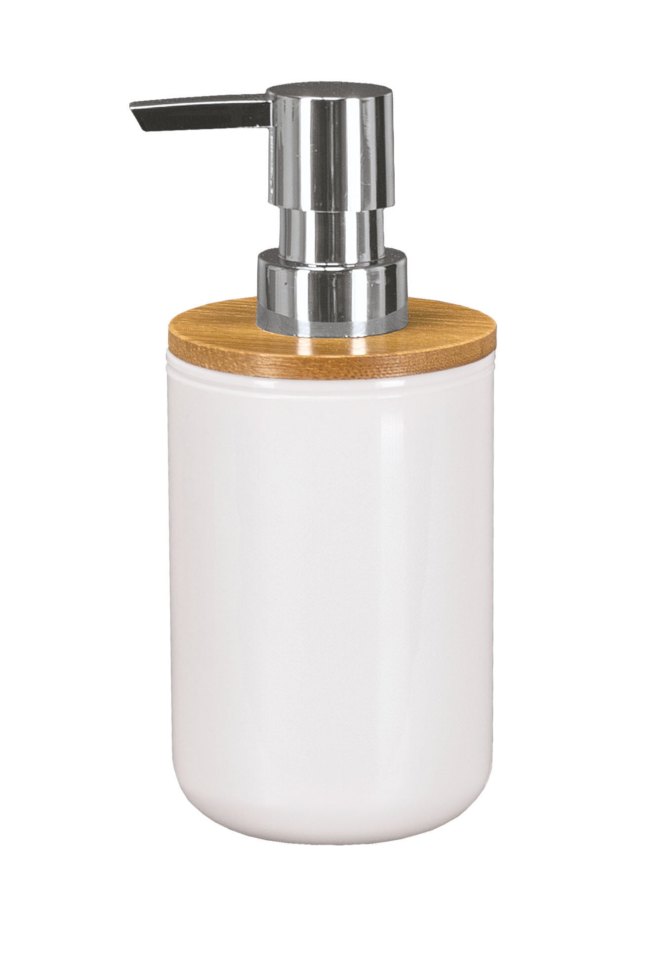 Weißer Seifenspender aus Keramik mit Bambusdeckel und verchromter Pumpe