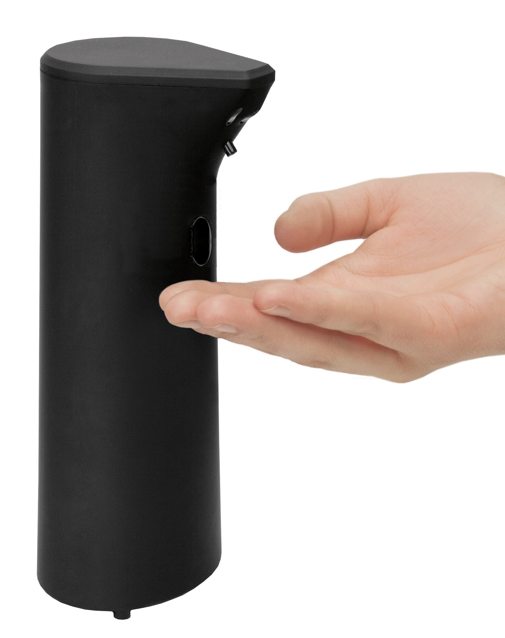 Hand vor schwarzem automatischen Seifenspender aus Kunststoff, stehend