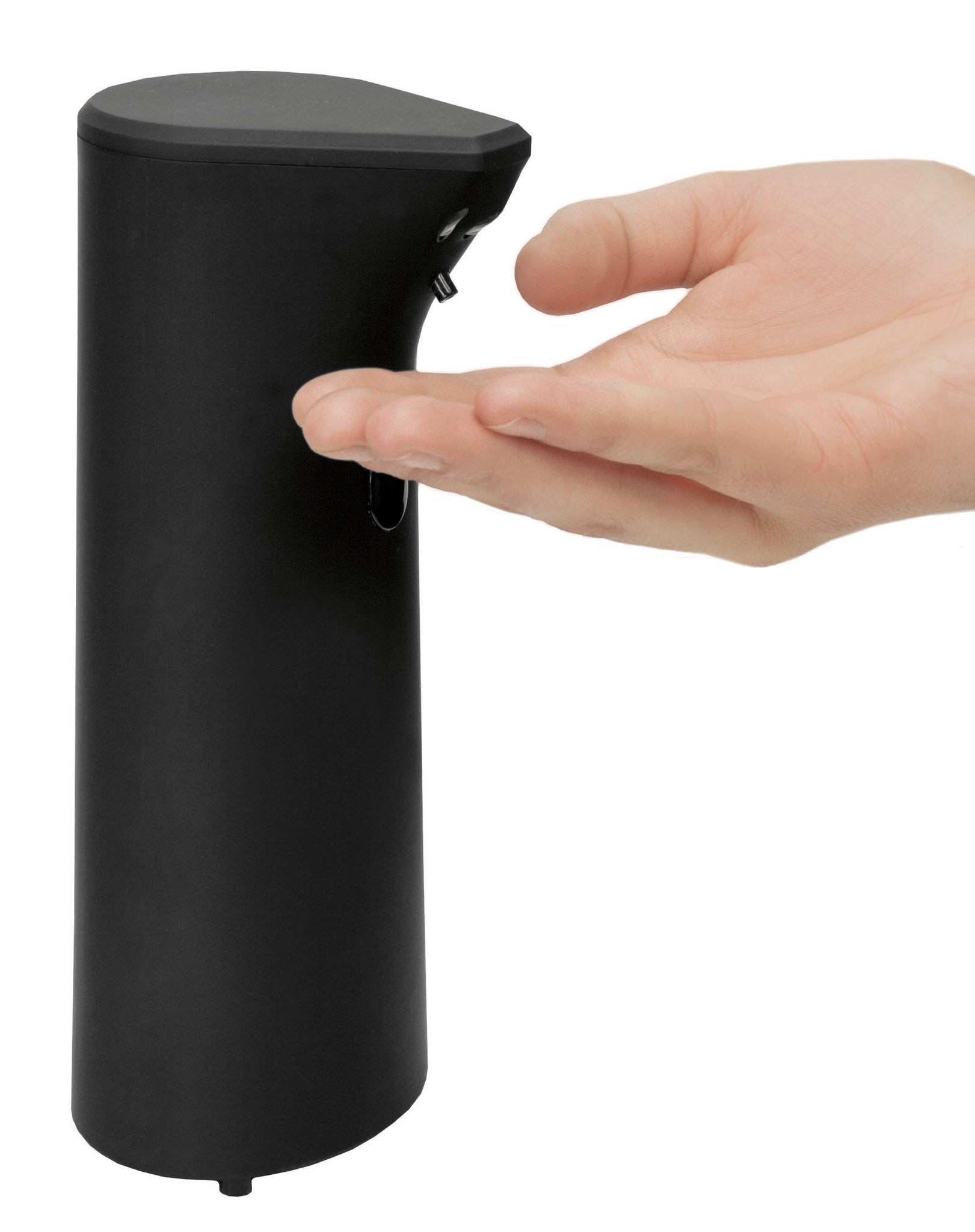 Schwarzer automatischer Seifenspender mit geöffneter Hand darunter