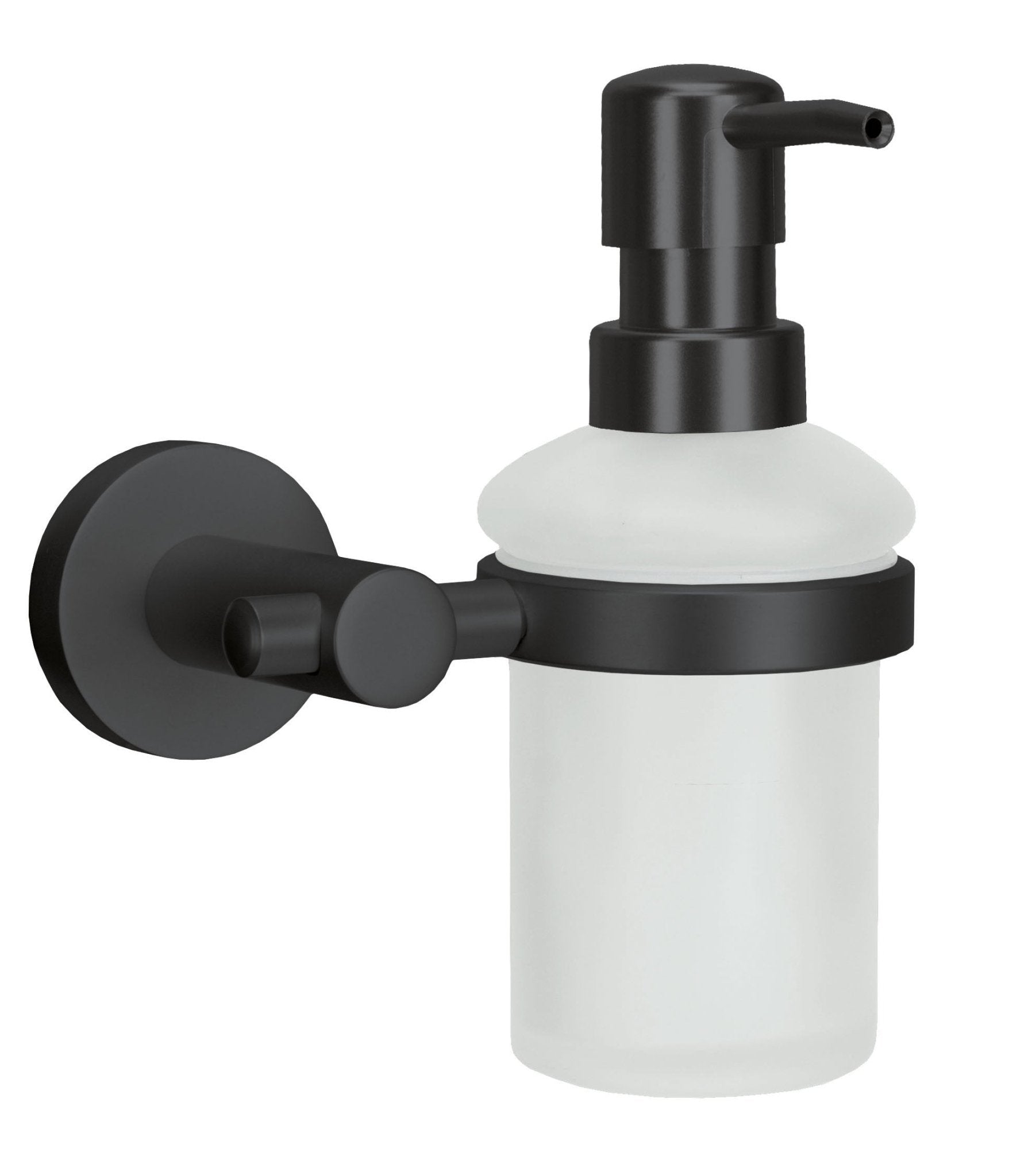 Wand-Seifenspender APOLLO NERO Milky aus schwarzem Metall mit satiniertem Glasbehälter an der Wand.