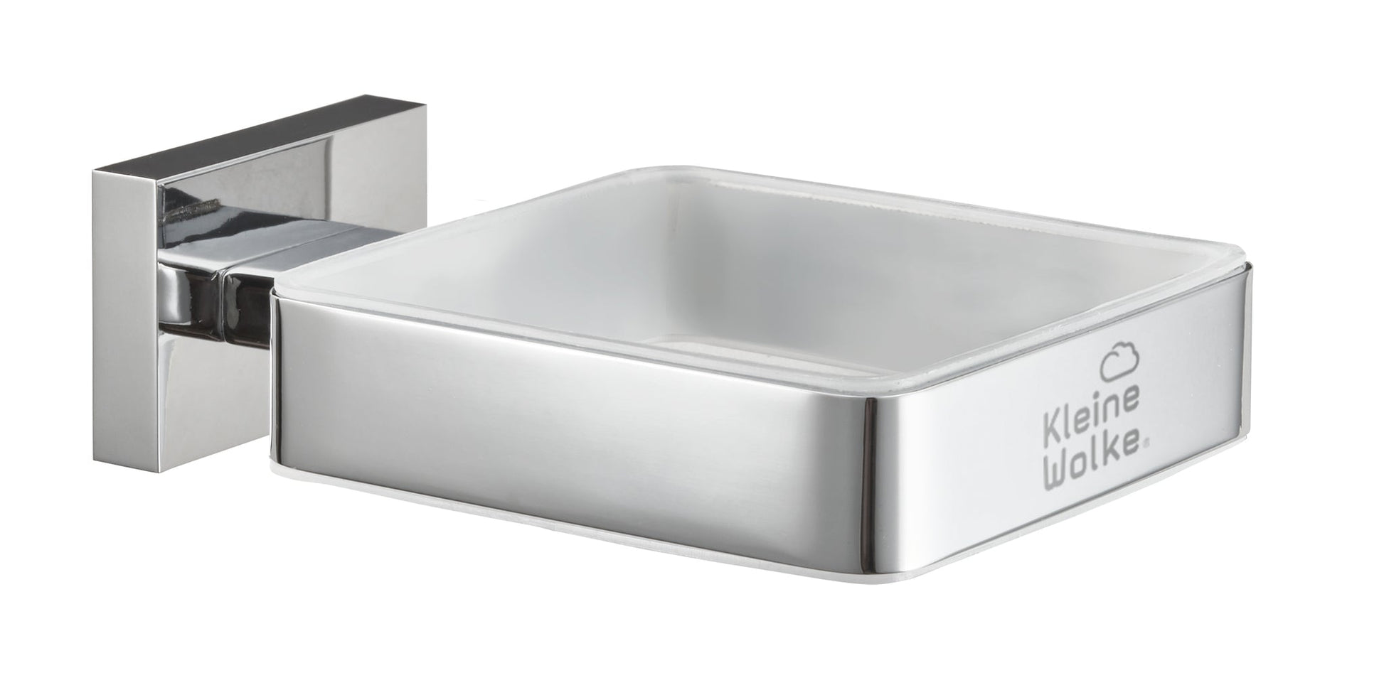 Wandmontierte eckige Seifenschale aus Chrom mit weißem Einsatz