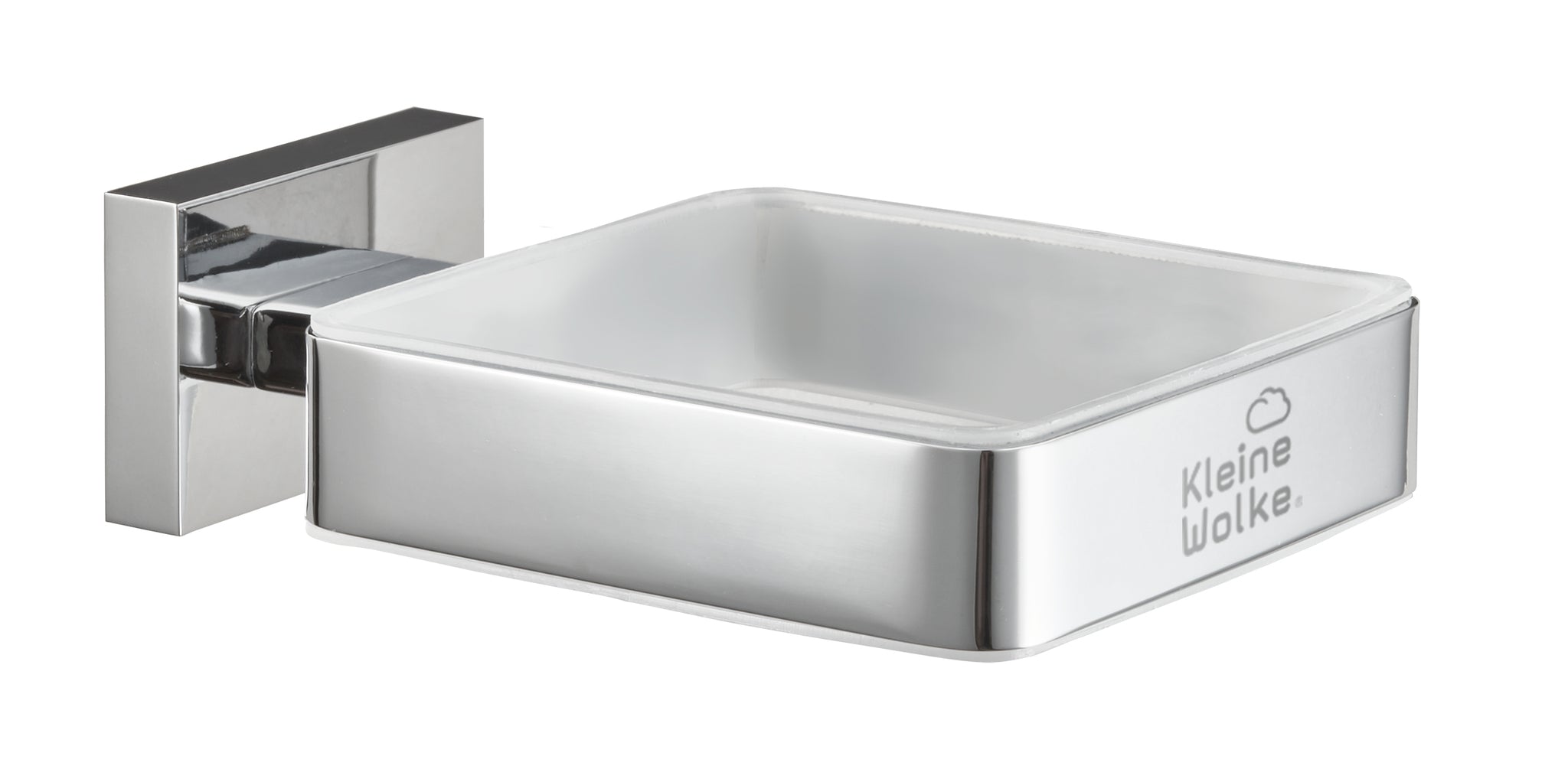 Wandmontierte eckige Seifenschale aus Chrom mit weißem Einsatz