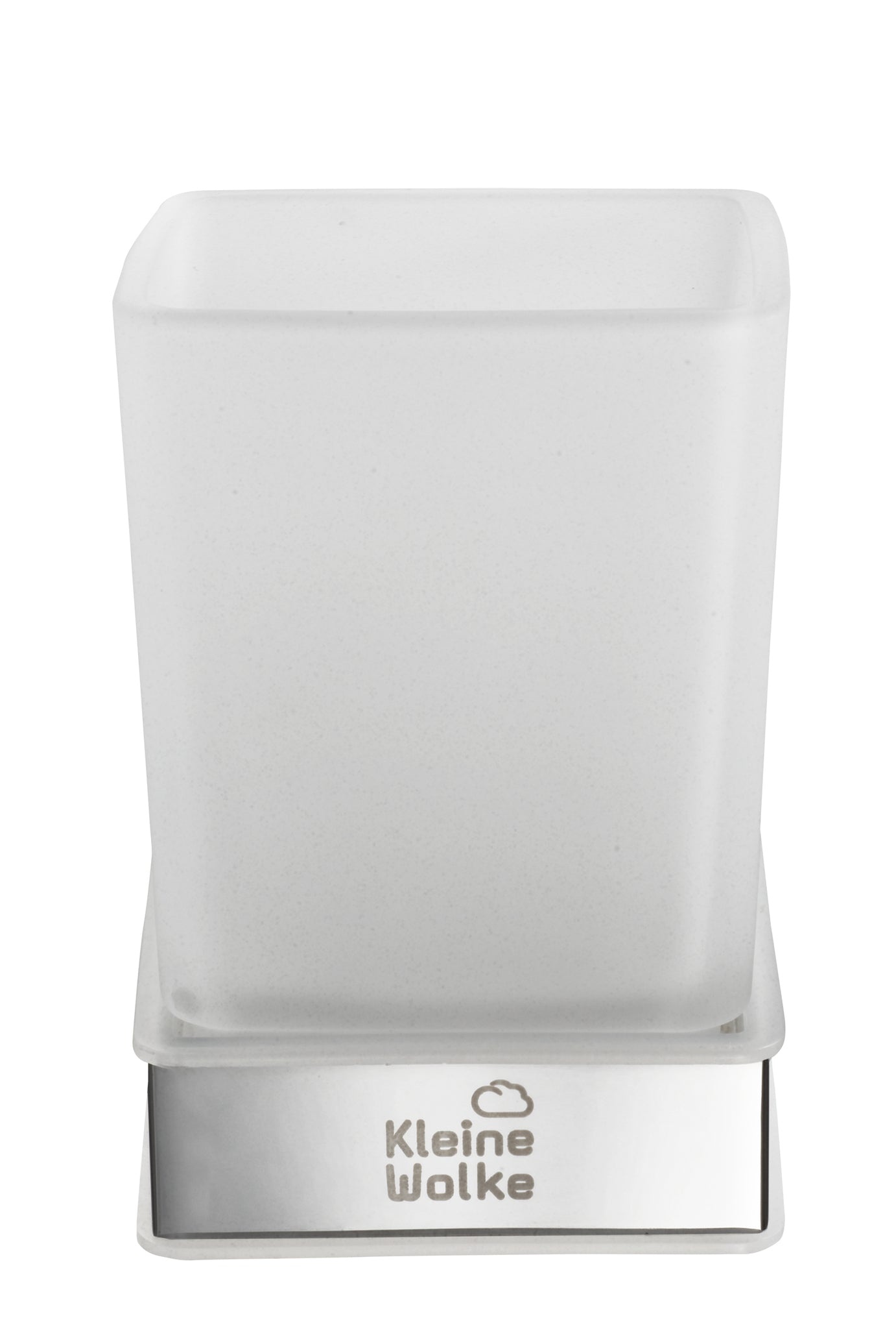 Mattes Zahnputzglas aus Glas auf eckiger Halterung aus Metall in Silber