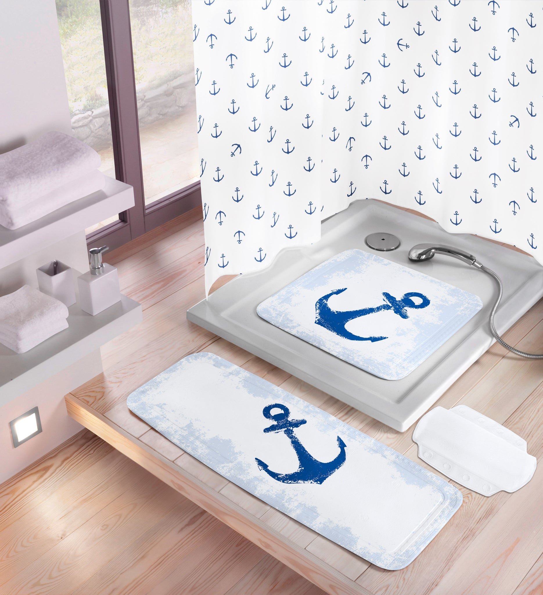 Modernes Bad mit Duschmatten und Duschvorhang im blauen Anker-Design