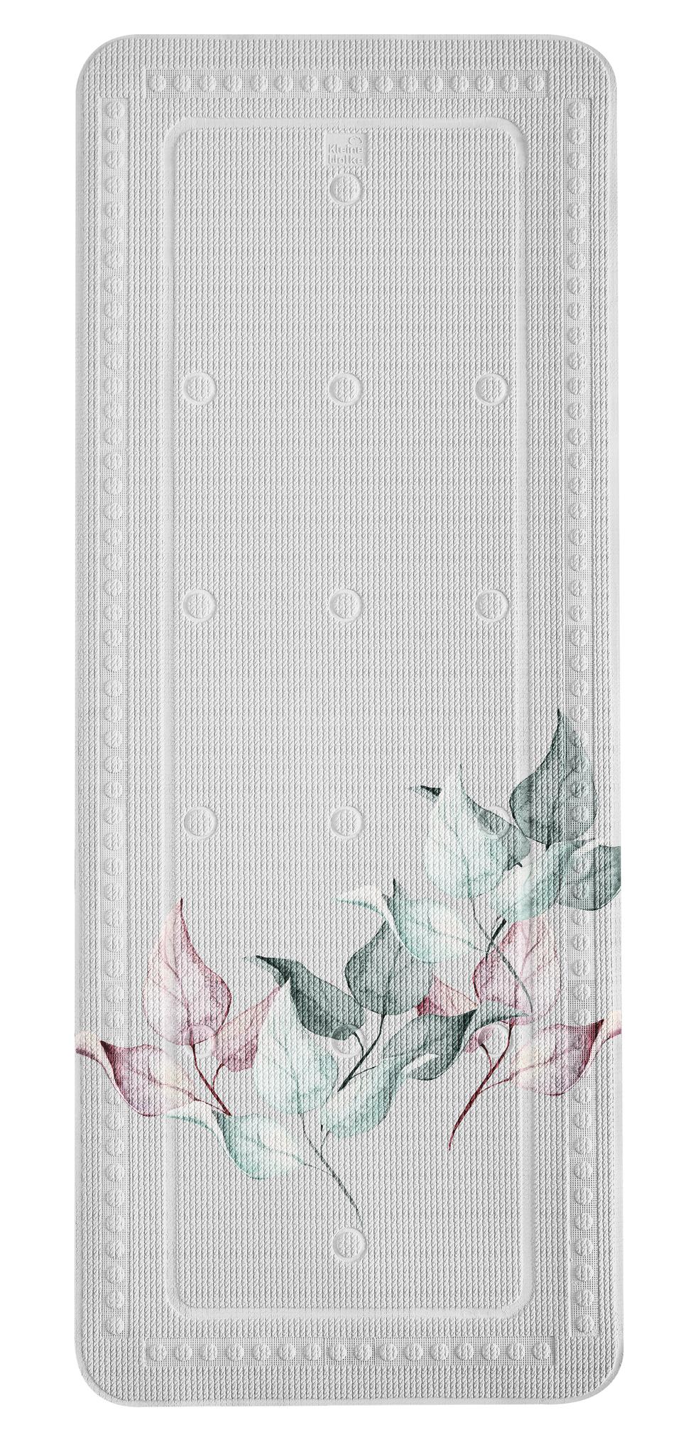 Antirutschmatte mit feinem floralem Muster in Rosa und Grün.