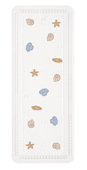 Weiße Badematte mit Muschel- und Seestern-Motiven in Pastellfarben