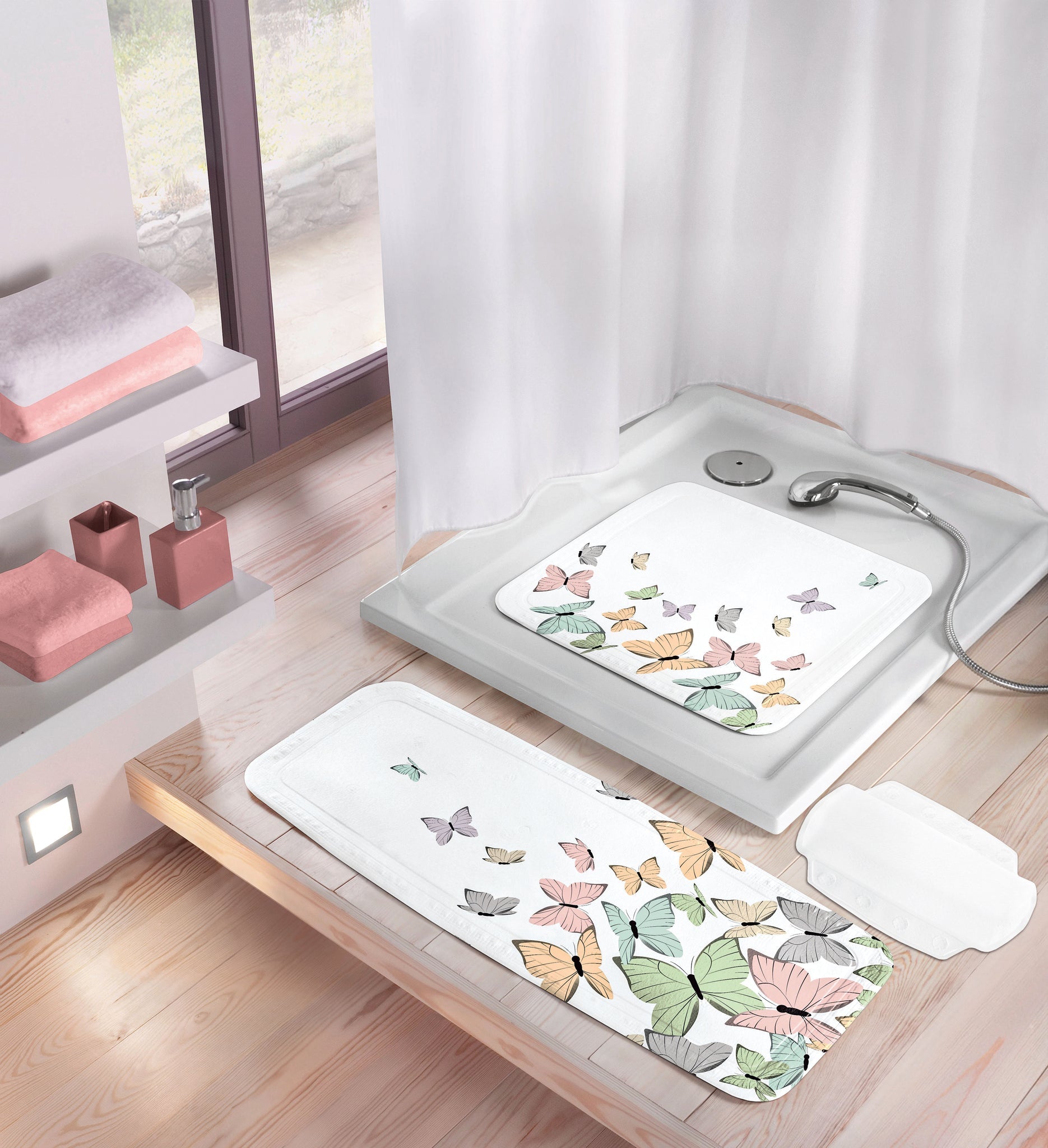 Duschmatten-Set mit buntem Schmetterlingsmotiv in moderner Dusche