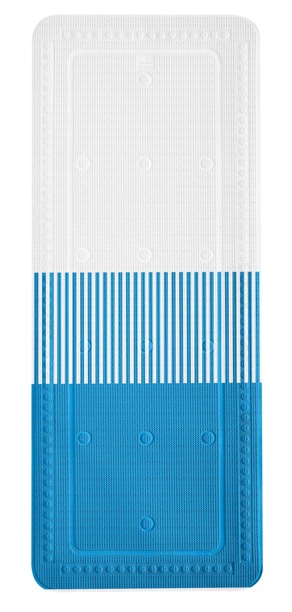 Weiß-blaue Antirutschmatte mit Streifenmuster auf weißem Hintergrund.
