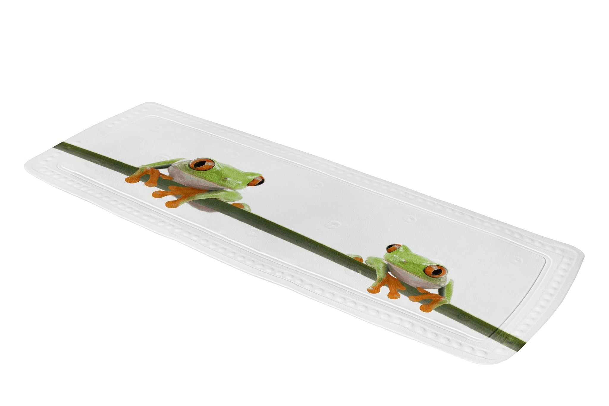 Das Bild zeigt die Wanneneinlage CHARLIE maigrün mit zwei Fröschen auf Ast vor weißem Hintergrund.
