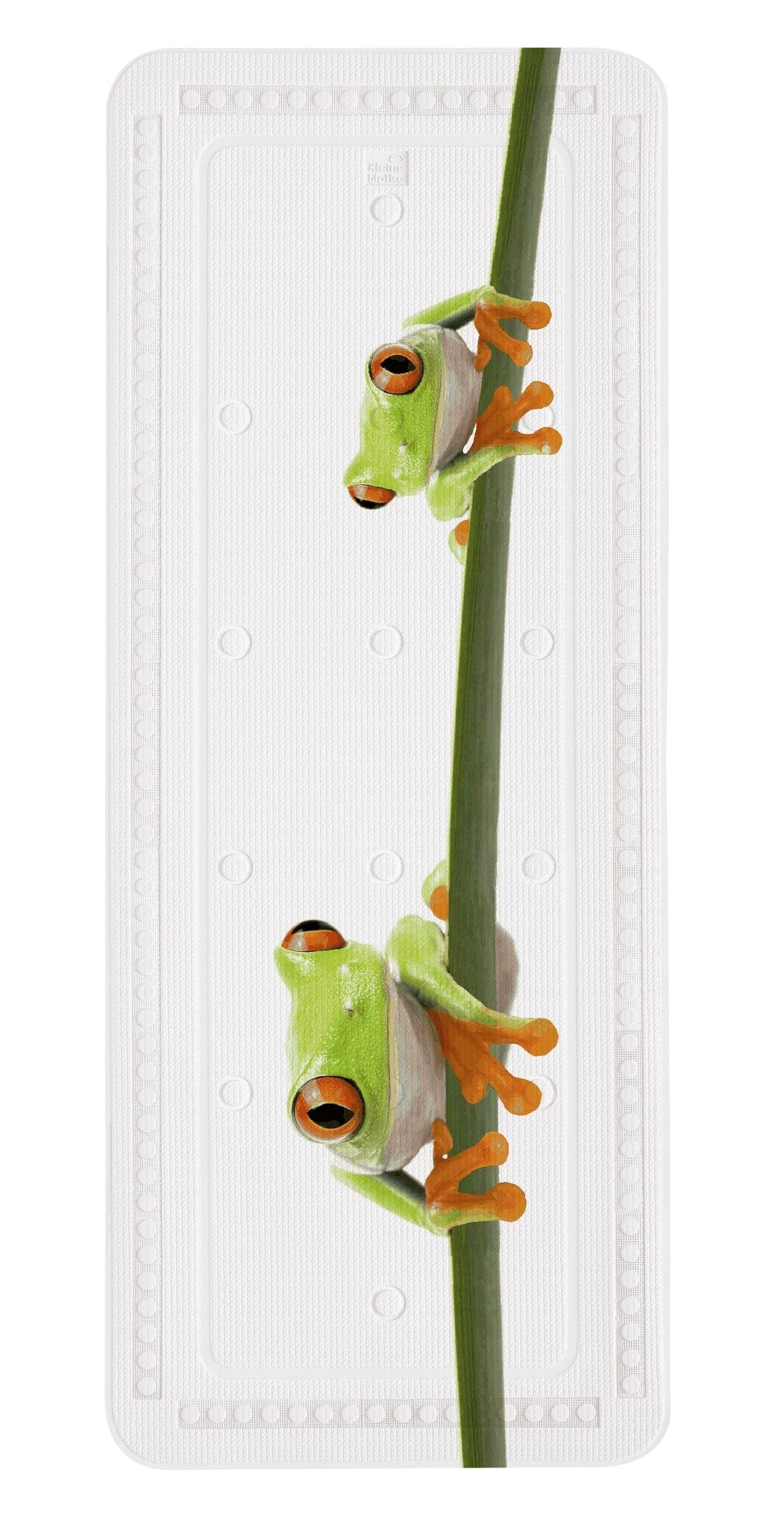 Die Wanneneinlage CHARLIE Maigrün 36 x 92 cm zeigt zwei grüne Frösche auf einer weißen Matte.
