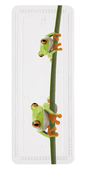 Die Wanneneinlage CHARLIE Maigrün 36 x 92 cm zeigt zwei grüne Frösche auf einer weißen Matte.