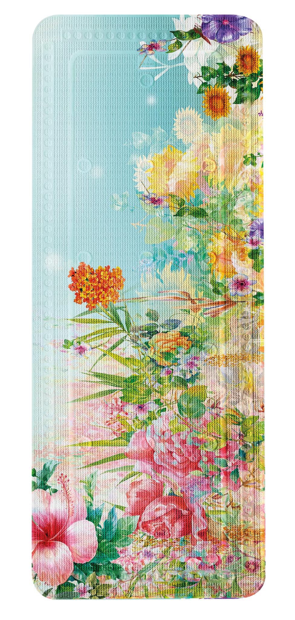 Antirutschmatte mit buntem Blumenmuster aus Rosen, Sonnenblumen und Blüten.