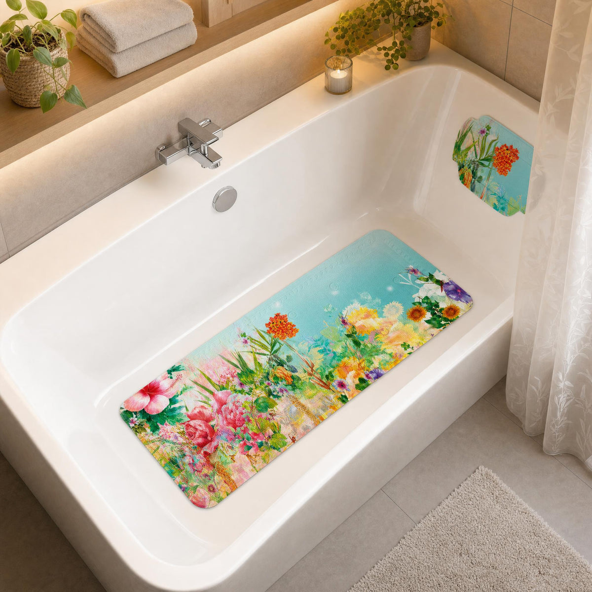 Badewanne mit floraler Antirutschmatte, Kerze, Pflanzen und gefalteten Tüchern.