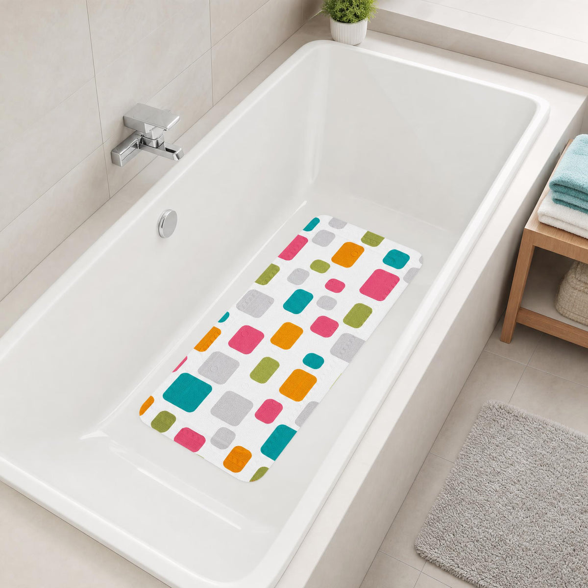 Bunte Antirutschmatte in weißer Badewanne neben Handtüchern.