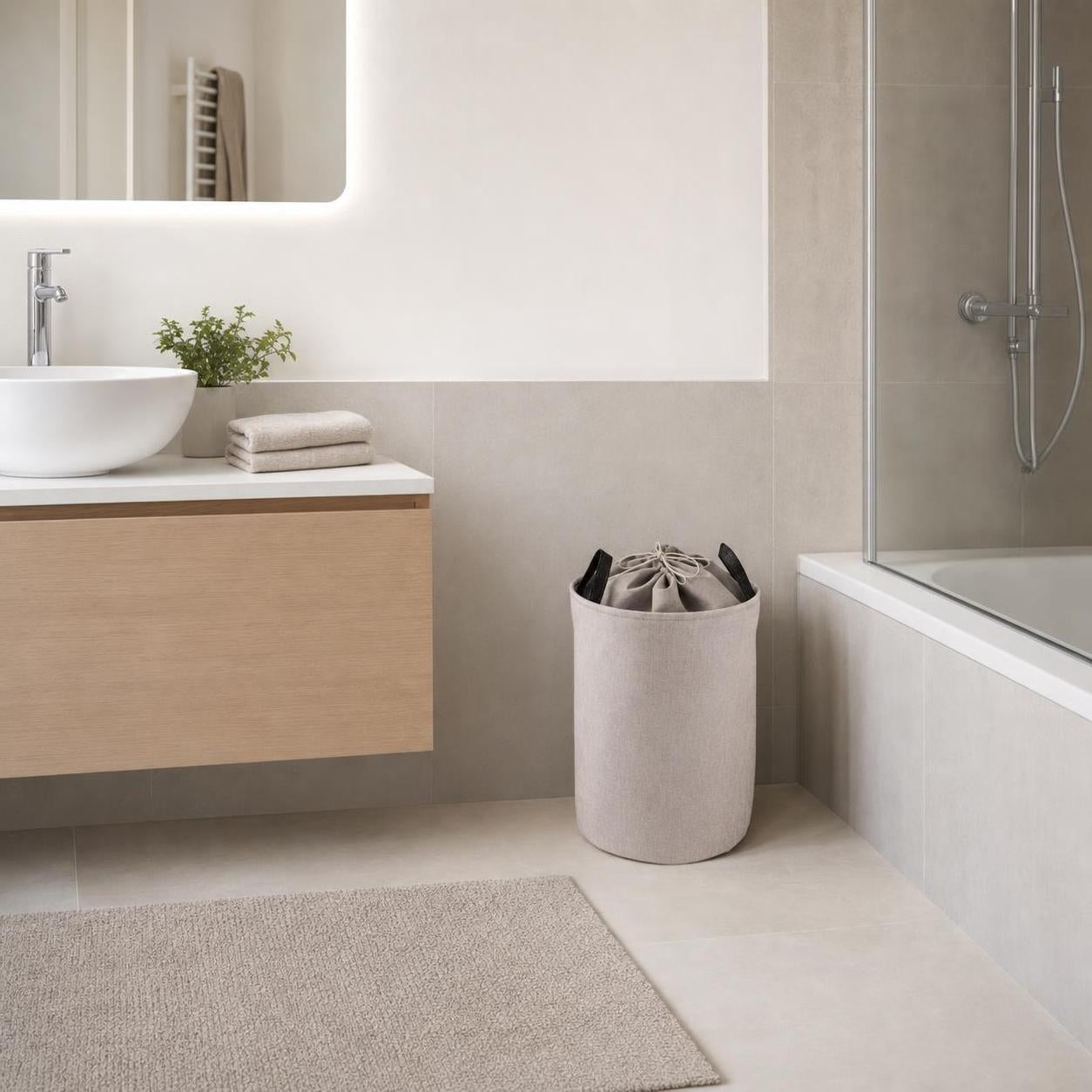 Ein beiger Wäschekorb steht neben Badewanne und Waschtisch im hellen Bad.