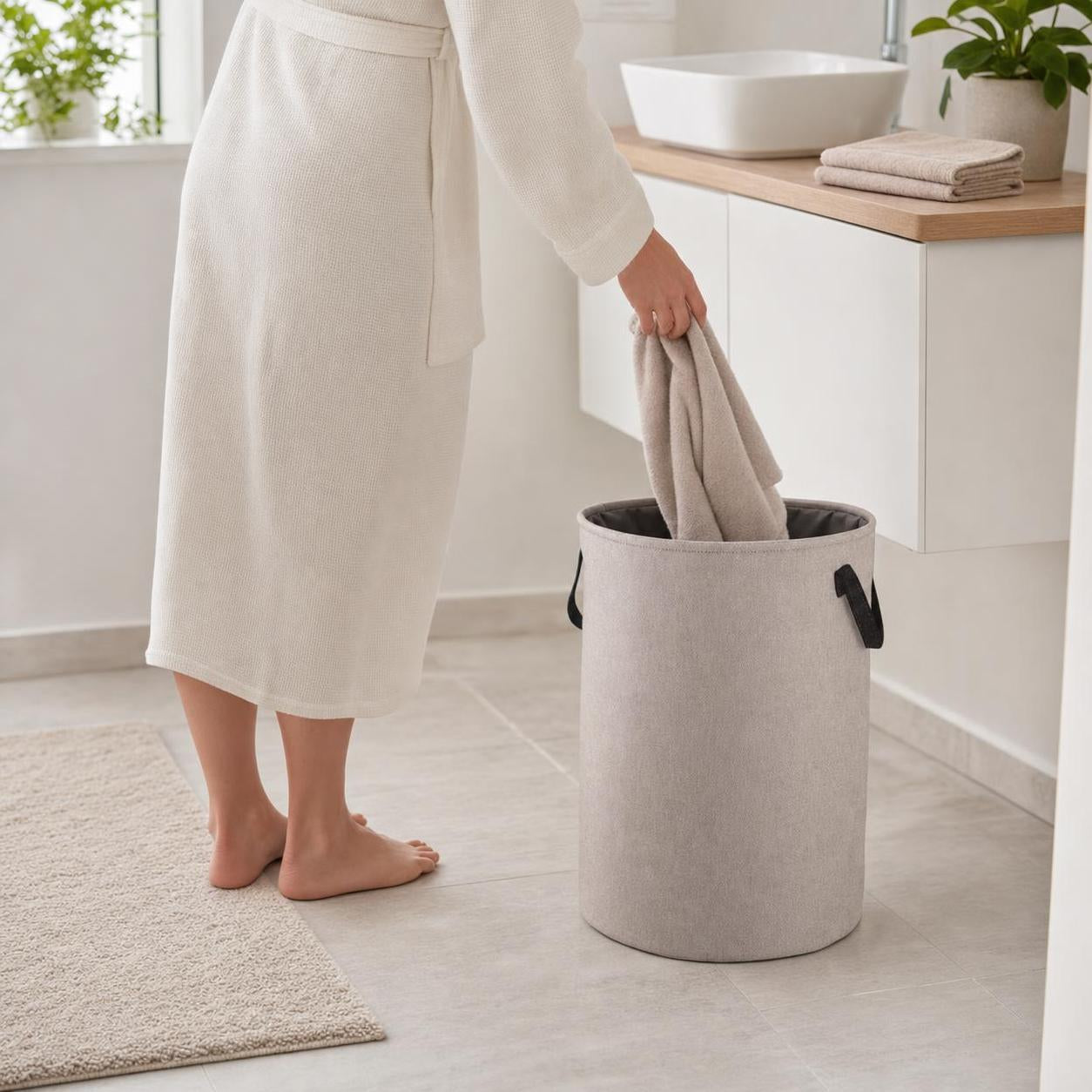 Eine beige Wäschetonne steht im Bad und wird mit Handtüchern befüllt.