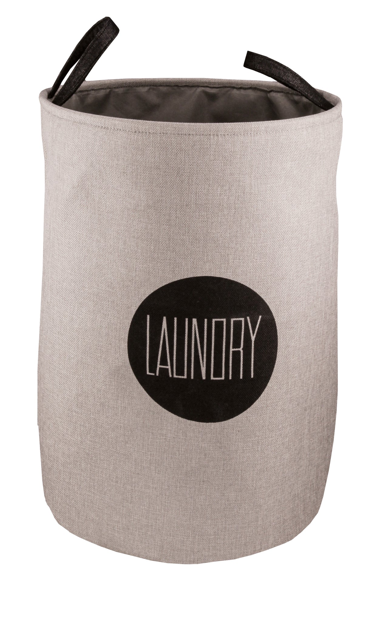 Runder, grauer Wäschekorb aus Stoff mit schwarzem Schriftzug LAUNDRY