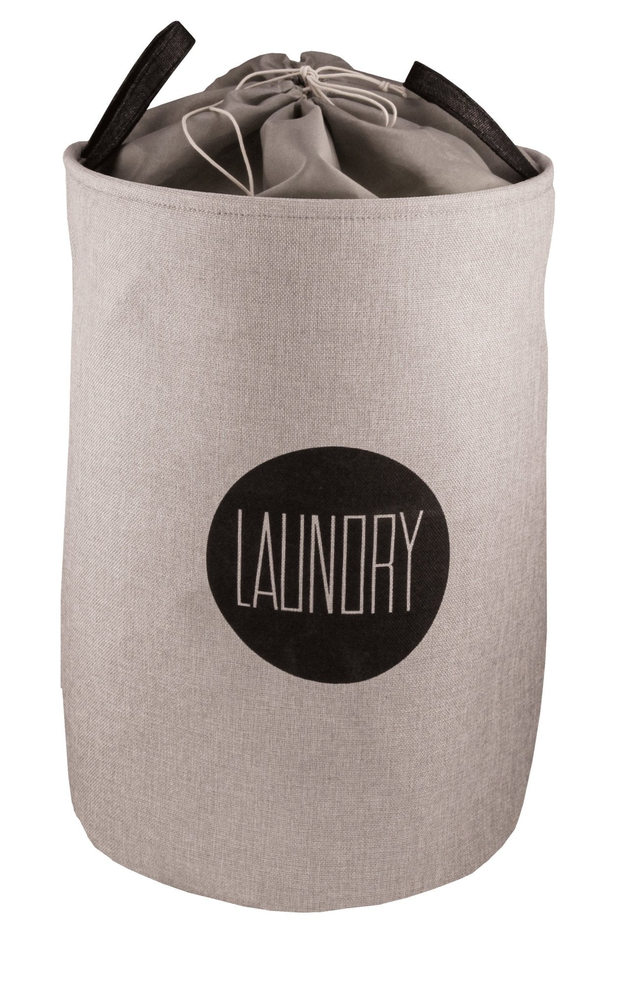 Grauer, runder Wäschekorb aus Stoff mit Kordelzug und Aufdruck LAUNDRY