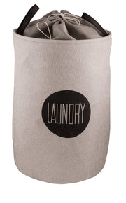 Grauer, runder Wäschekorb aus Stoff mit Kordelzug und Aufdruck LAUNDRY