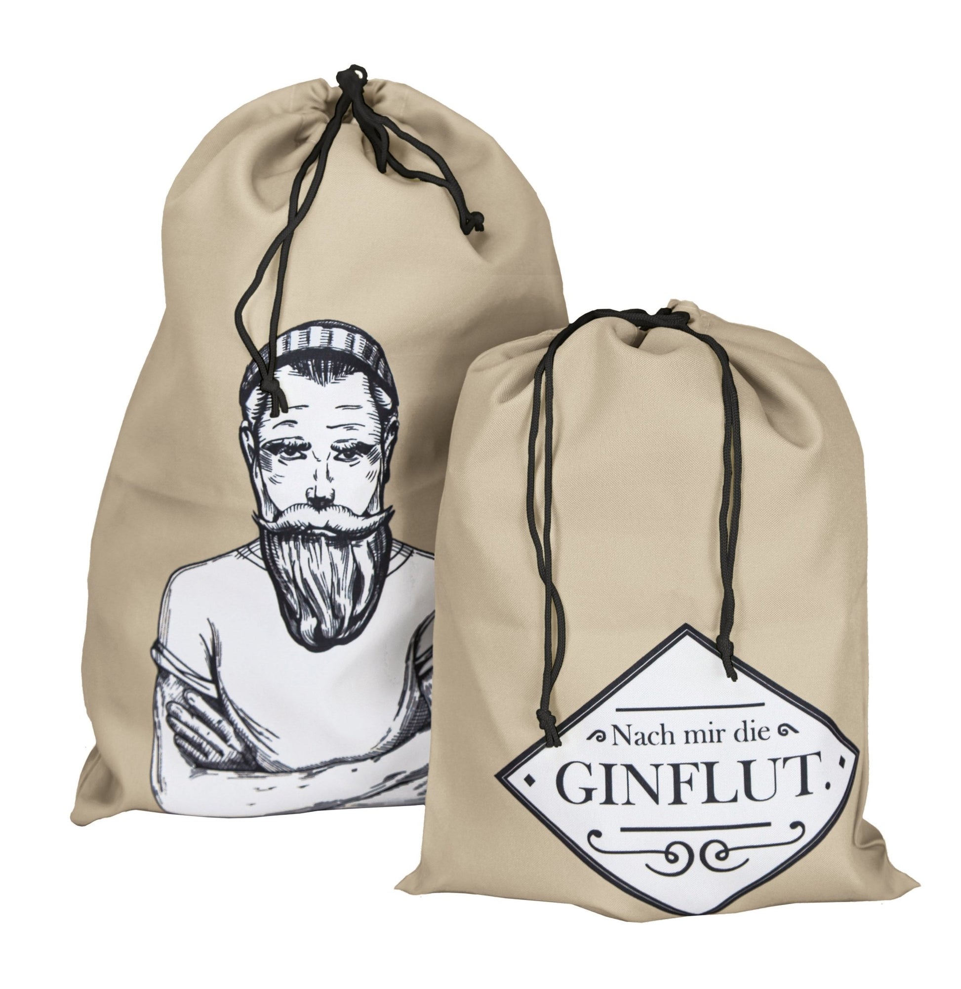 Zweiteiliges Wäschesammler LAUNDRY SET in Bahamabeige mit Aufdruck Mann und Schriftzug GINFLUT.