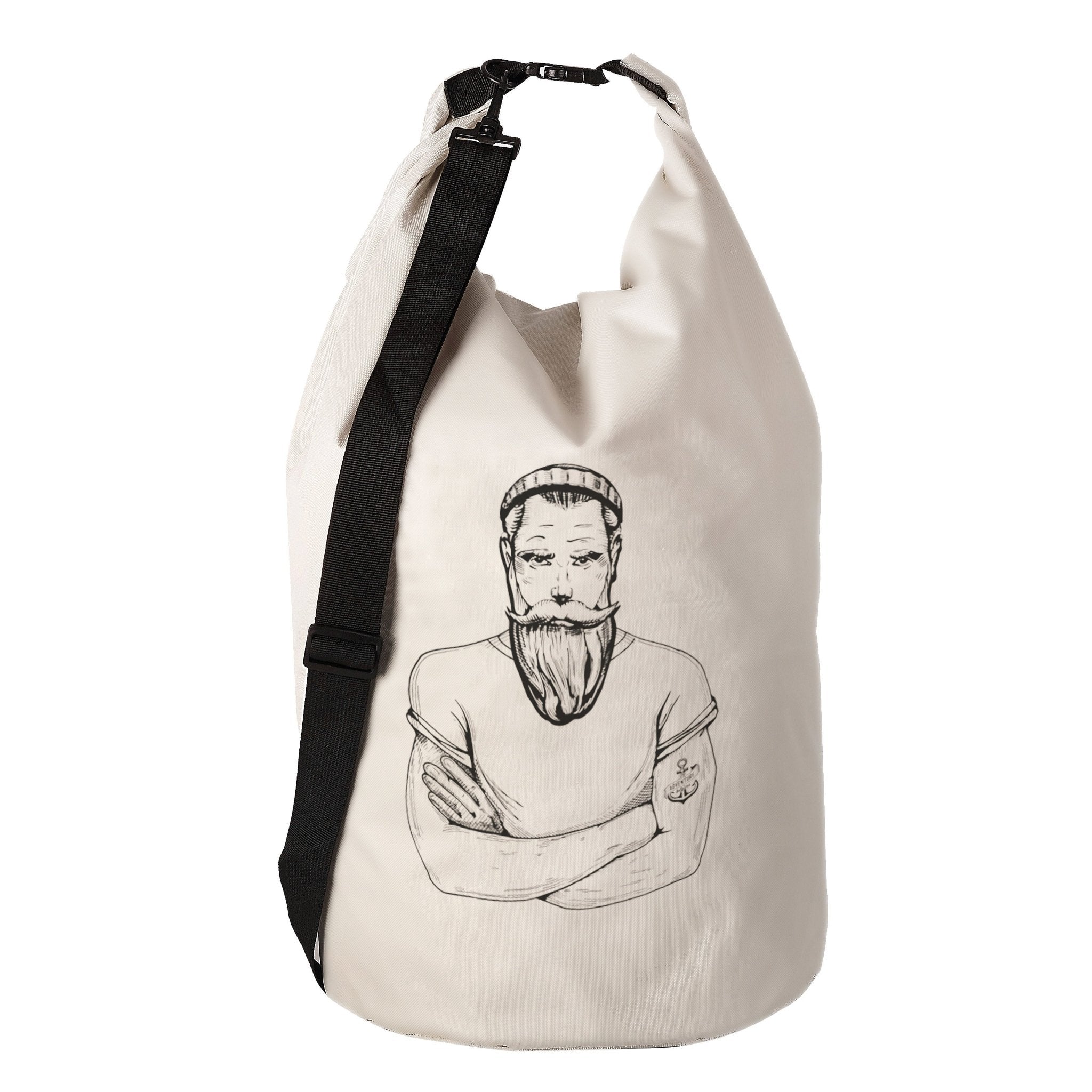 Beiger Wäschesack mit schwarzem Schultergurt und Bartmann-Illustration