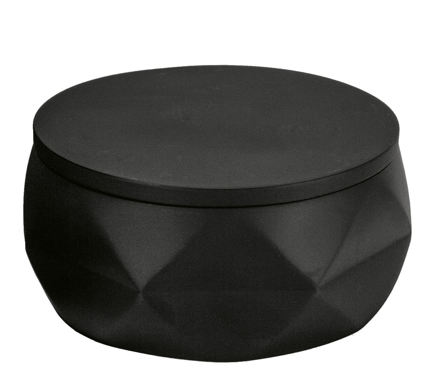 Schwarze Wattedose CRACKLE JAR mit geometrischer Struktur steht vor weißem Hintergrund.