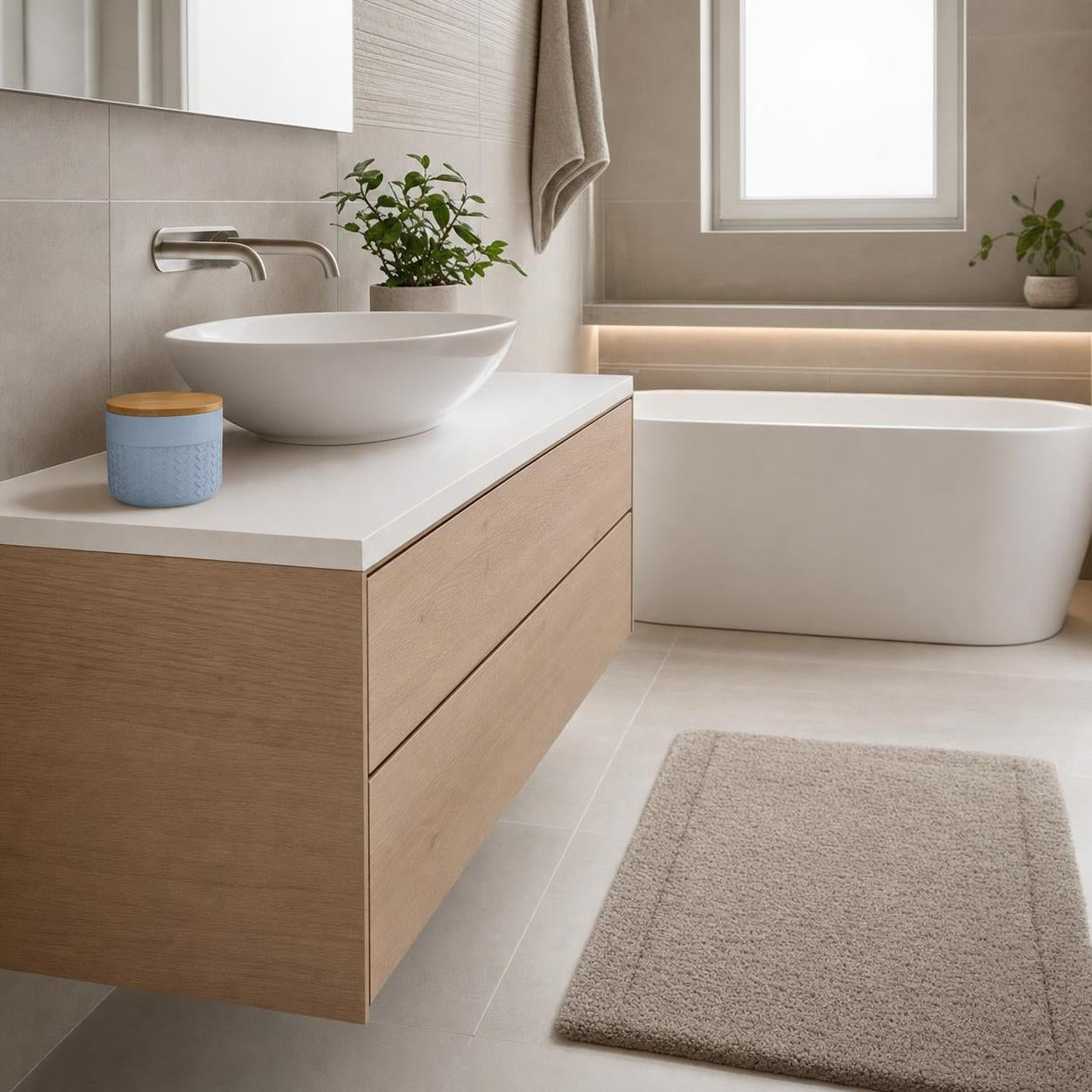Beige Badematte liegt vor Badewanne und Waschtisch im modernen Bad.