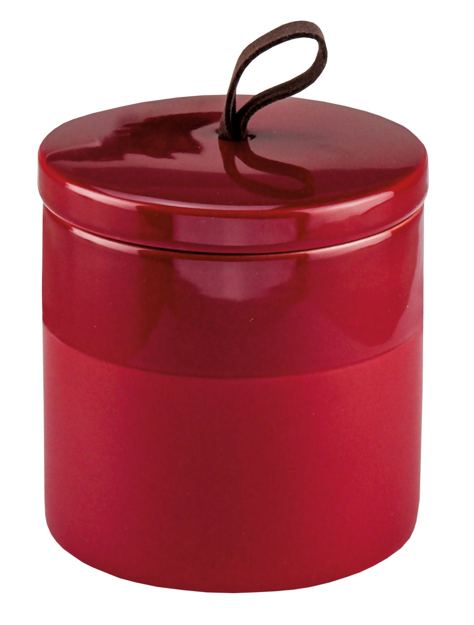 Rote Wattedose DEEP Granat mit glänzendem Deckel und Schlaufe steht auf weißem Hintergrund.