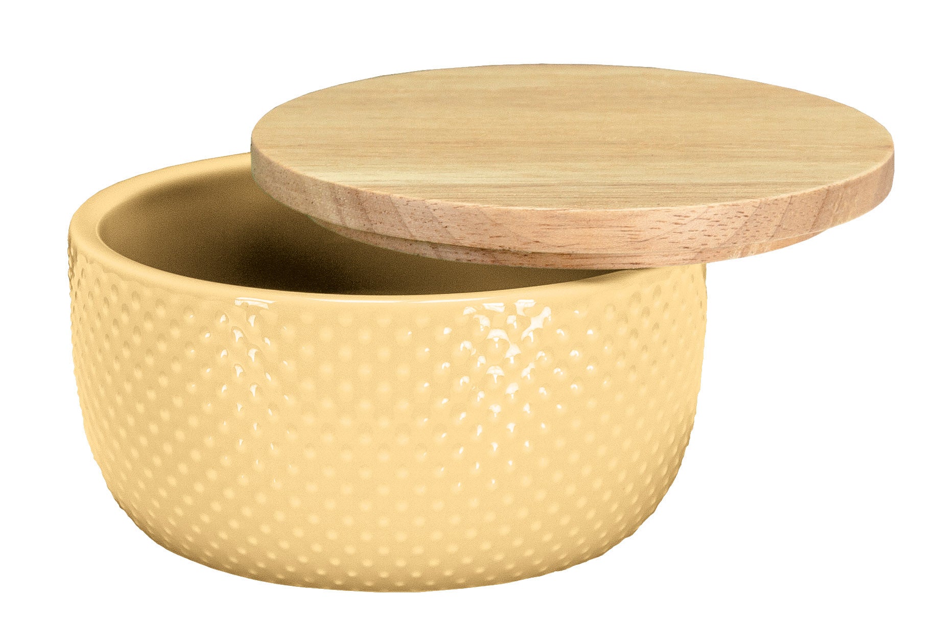 Wattedose DOTTY Solaris aus gelber Keramik mit Punktmuster und offen aufgelegtem Holzdeckel.