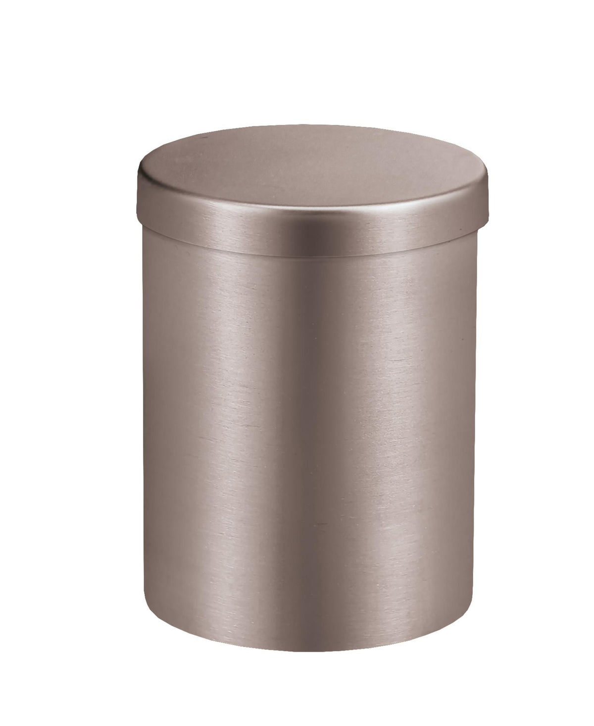 Silberfarbene Dose aus mattem Metall mit Deckel vor weißem Hintergrund.