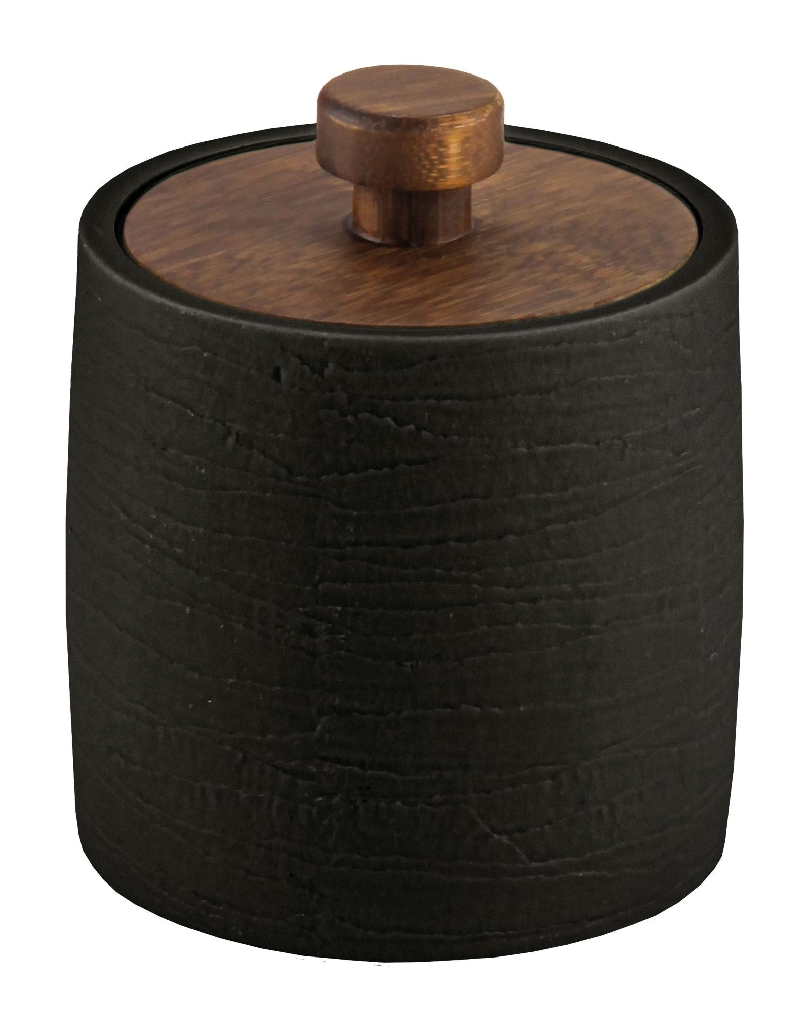 Die Wattedose HARPER Schwarz mit braunem Holzdeckel steht freigestellt vor weißem Hintergrund.