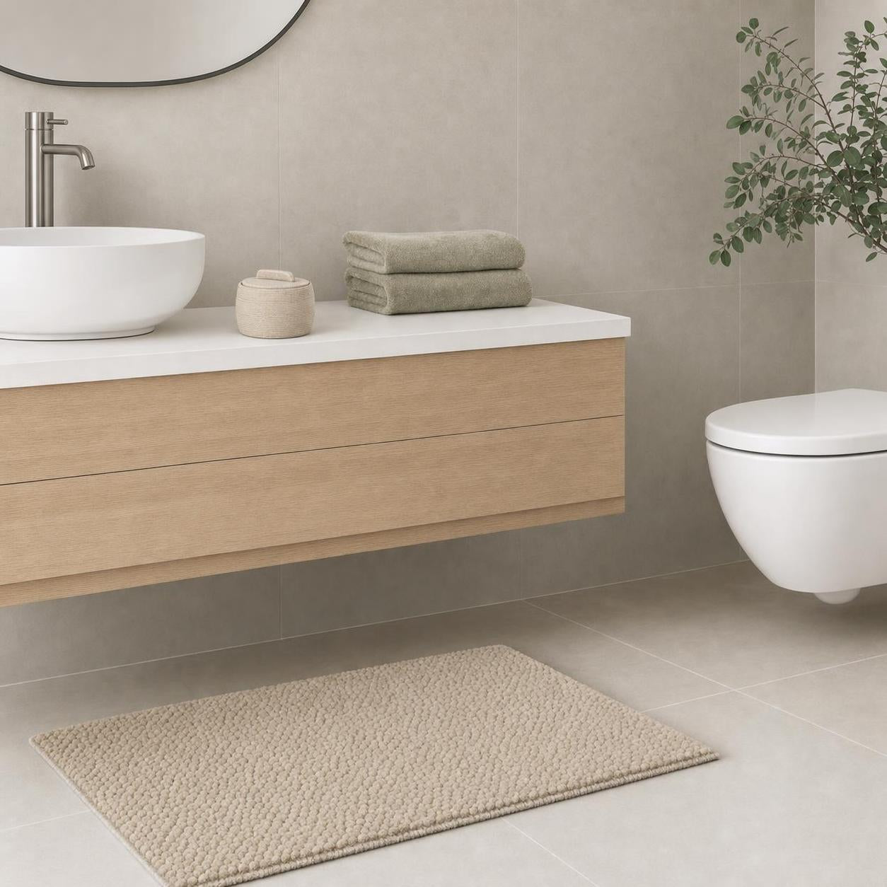 Beige Badematte liegt vor dem Waschtisch in einem modernen Bad.