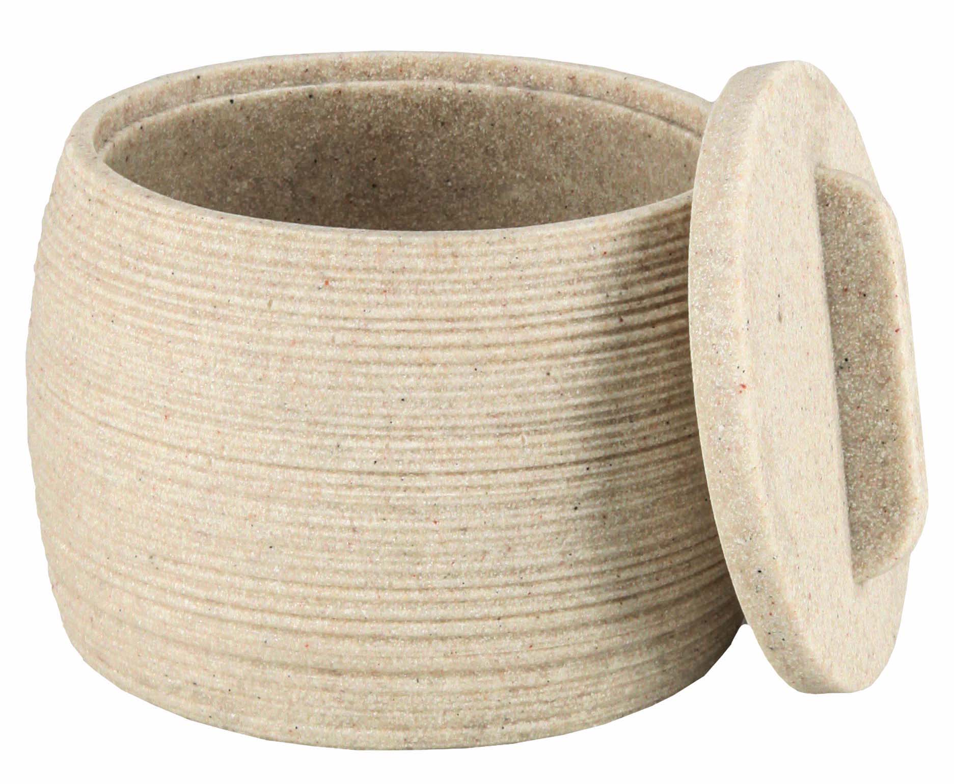 Offene Wattedose SAND Macadamia mit geriffelter Oberfläche und abgenommenem Deckel.