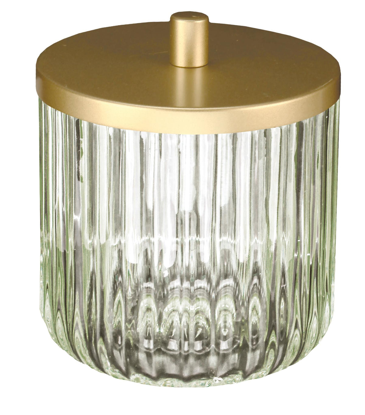 Geriffeltes Glasgefäß mit goldfarbenem Deckel vor weißem Hintergrund.