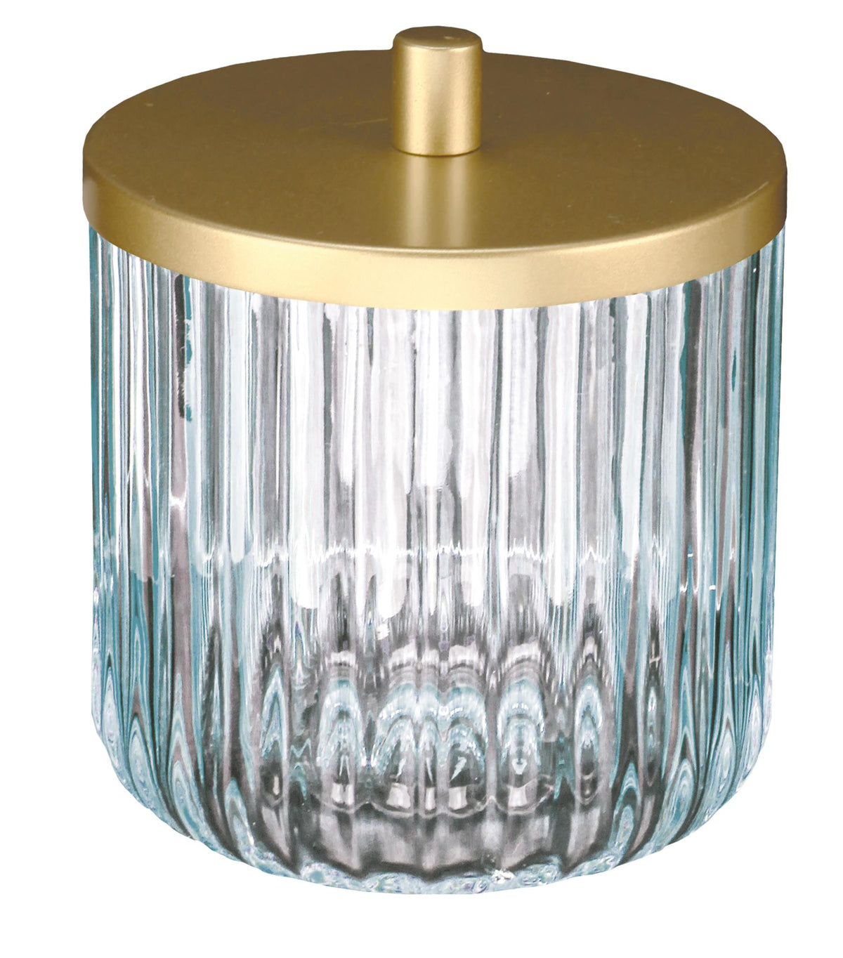 Geriffelte Glasdose mit goldfarbenem Deckel vor weißem Hintergrund.