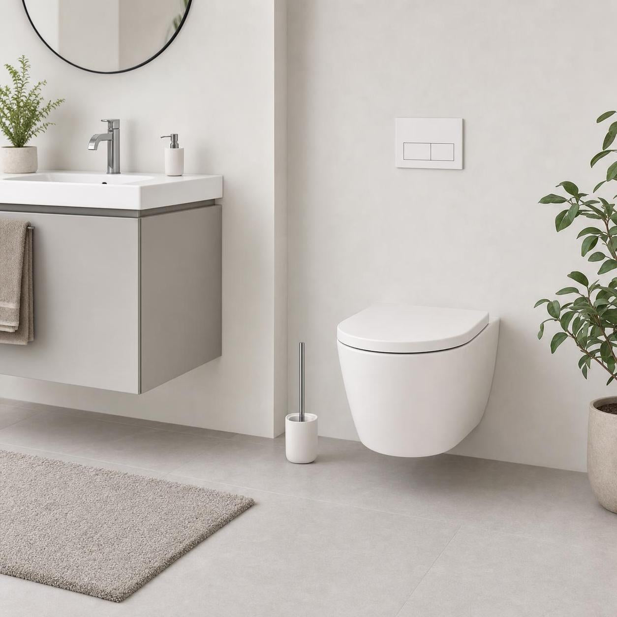 Wandhängendes WC mit weißer Spültaste in modernem Badezimmer.