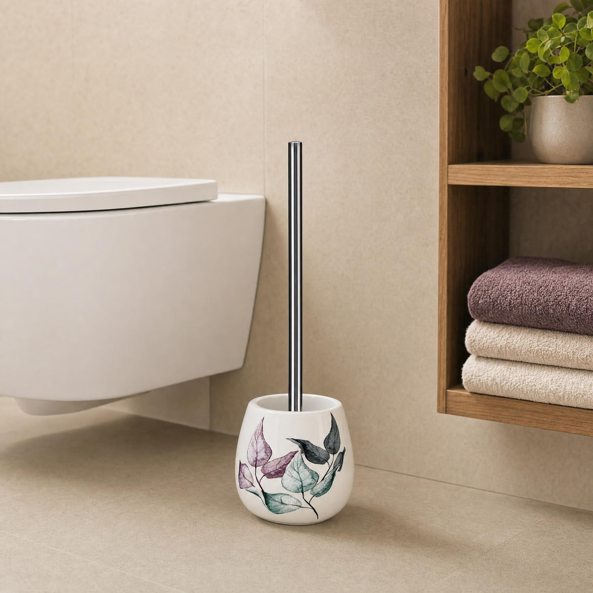 WC-Bürste mit Blättermotiv neben Wand-WC und Regal mit Handtüchern.