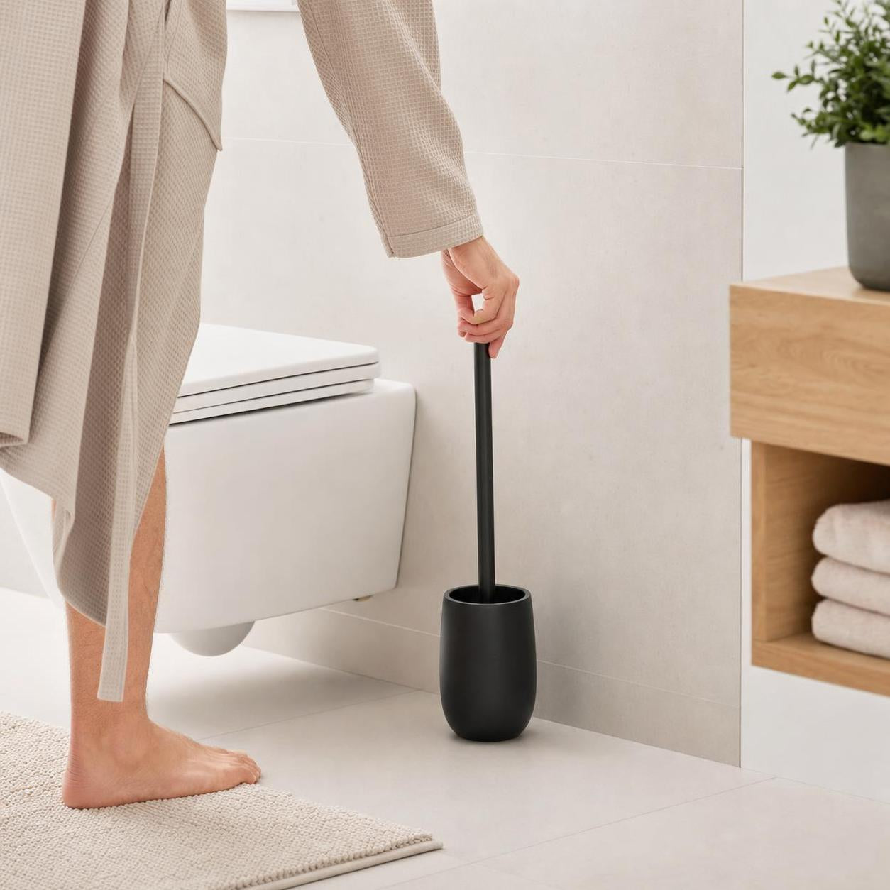 Eine schwarze WC-Bürste steht neben der Toilette im hellen Bad.
