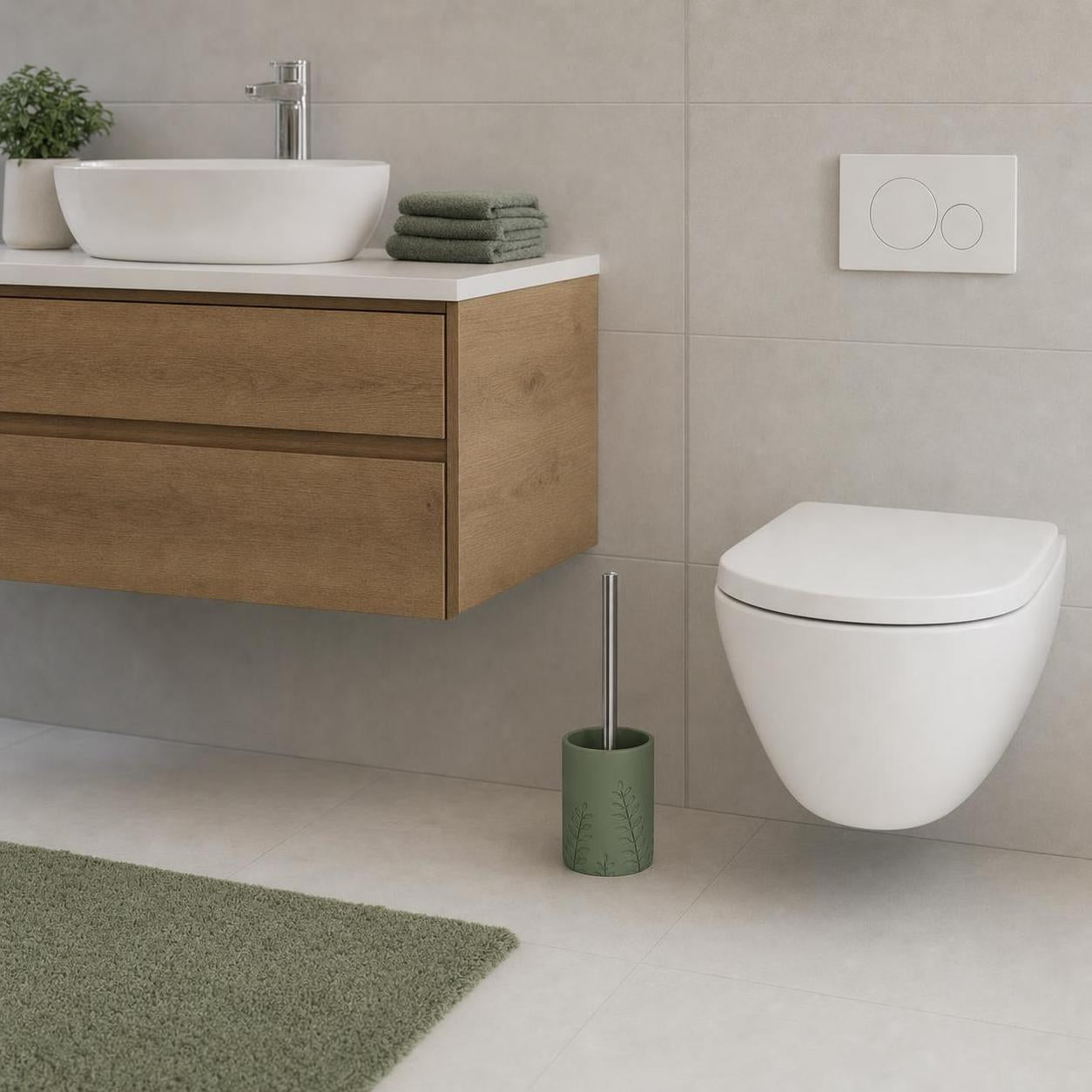 Eine grüne WC-Bürstengarnitur steht neben einer weißen Toilette im Bad.